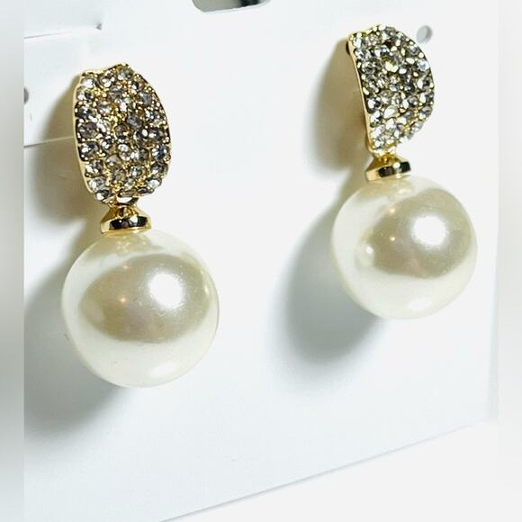 NEW Charter Club Pearl Drop EARRINGS 1" Pave Crystal & Faux Pearl Post Back Gold - Picture 2 of 4